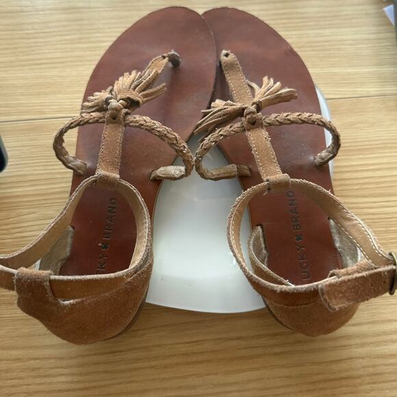 LUCKY BRAND Braided Brown Suede Leather Tassel Thong Sandals Strappy 8 38 Flats - Picture 7 of 10
